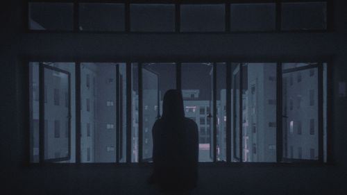 Free Silhouette of a person standing by a window overlooking city buildings at night. Stock Photo