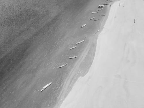 Black and white aerial view of a beach with boats