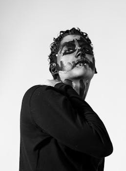 Artistic black and white portrait showcasing creative face paint design and dramatic pose.