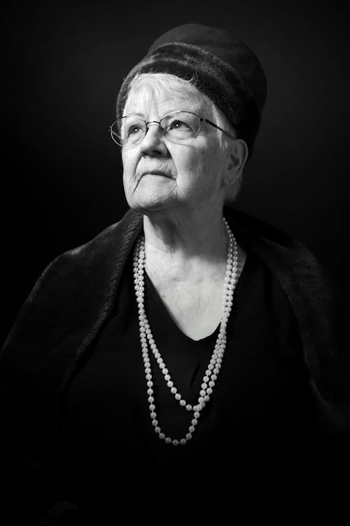 An older woman in a black and white photo