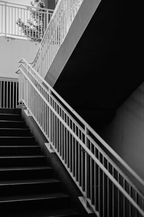 Black and white photo of stairs and railing
