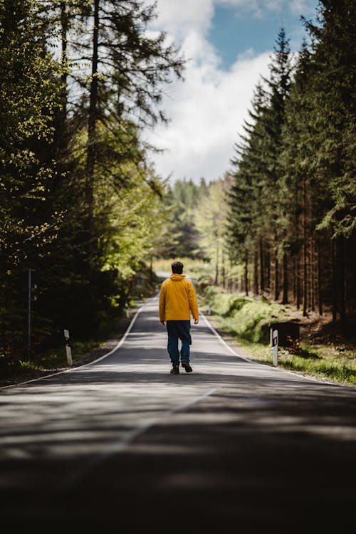 Man in Yellow Jacket on Road through Forest