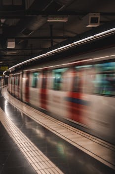Blurred view of a subway train in motion on an urban station platform.