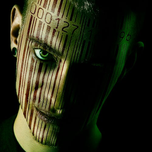 Man with Barcode Printed on his Face