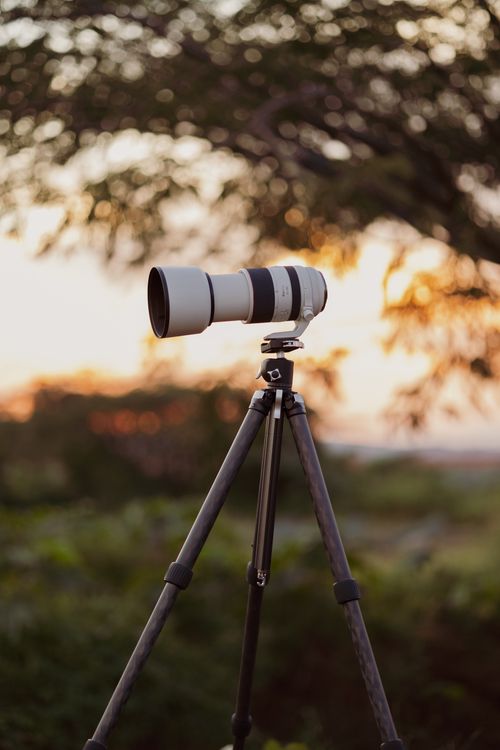Free A DSLR lens mounted on a tripod with a scenic sunset background in a rural setting. Stock Photo