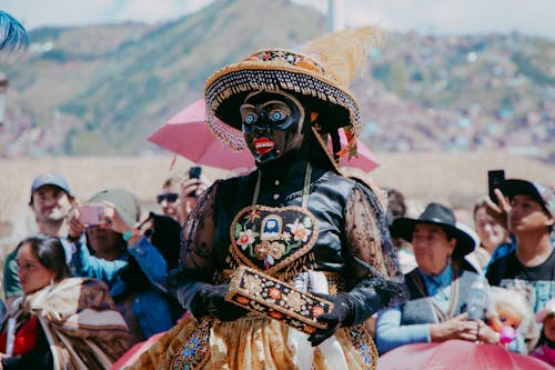 Dancers in Traditional Costumes and Masks Celebrating in Peru 