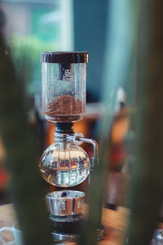 Siphon coffee maker brewing freshly ground coffee in a cozy café environment with a blurred plant foreground.