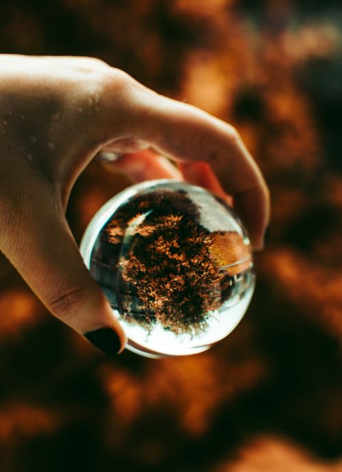 Free A hand holding a lensball capturing a reversed fall landscape with vivid colors. Stock Photo