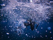 水下镜头戏剧性地捕捉到了潜水员动态的气泡和轮廓