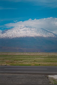 Majestic view of snow-capped Mount Ararat under a clear blue sky in Ağrı, Turkey.