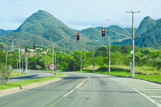 一条蜿蜒的高速公路，绿树成荫，背景是群山，沿途设有红绿灯
