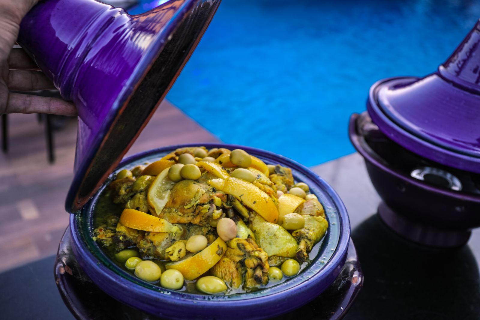 Traditional Moroccan tagine clay pot with lamb and vegetables