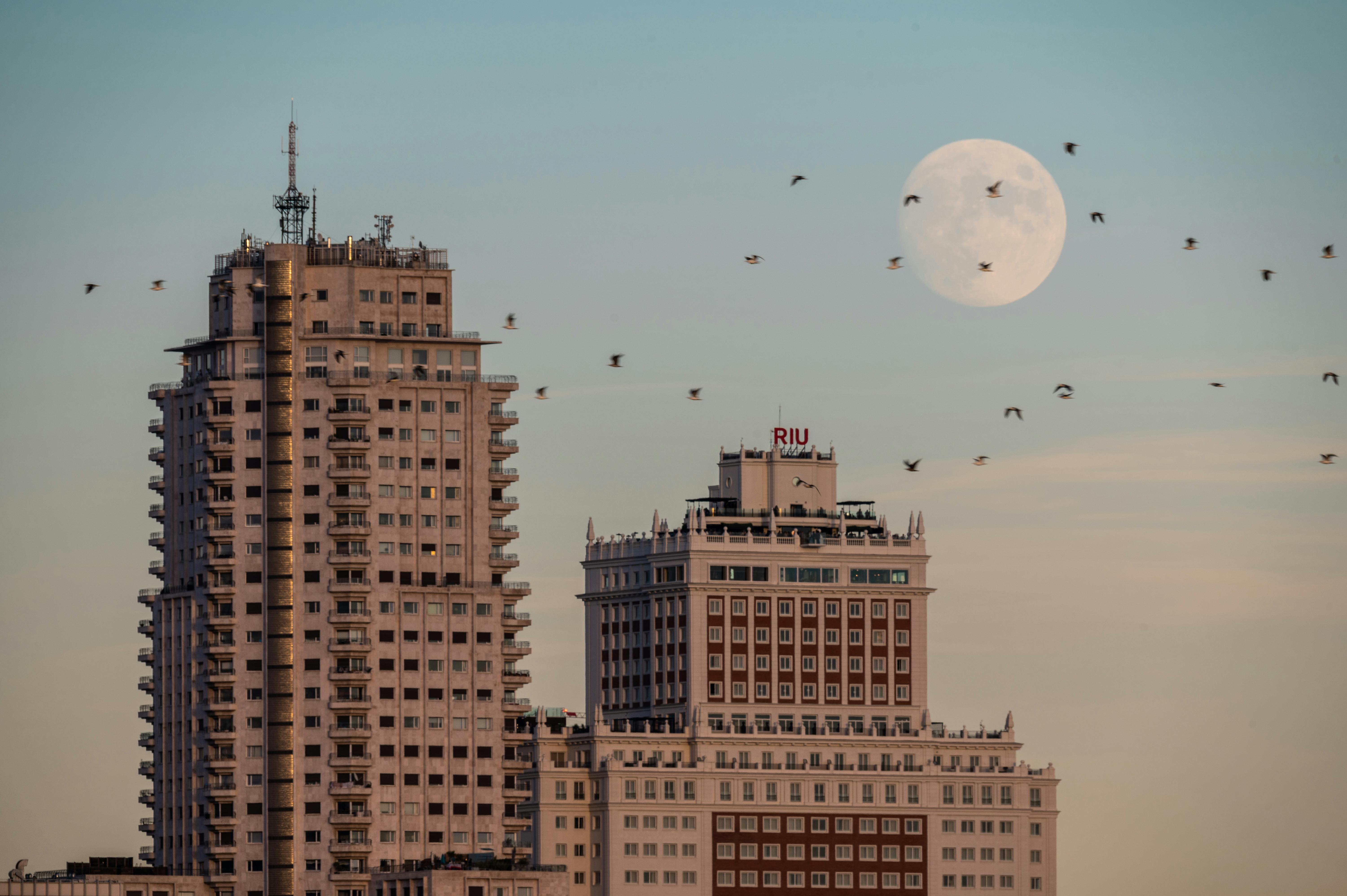 moon over edificio espana in madrid