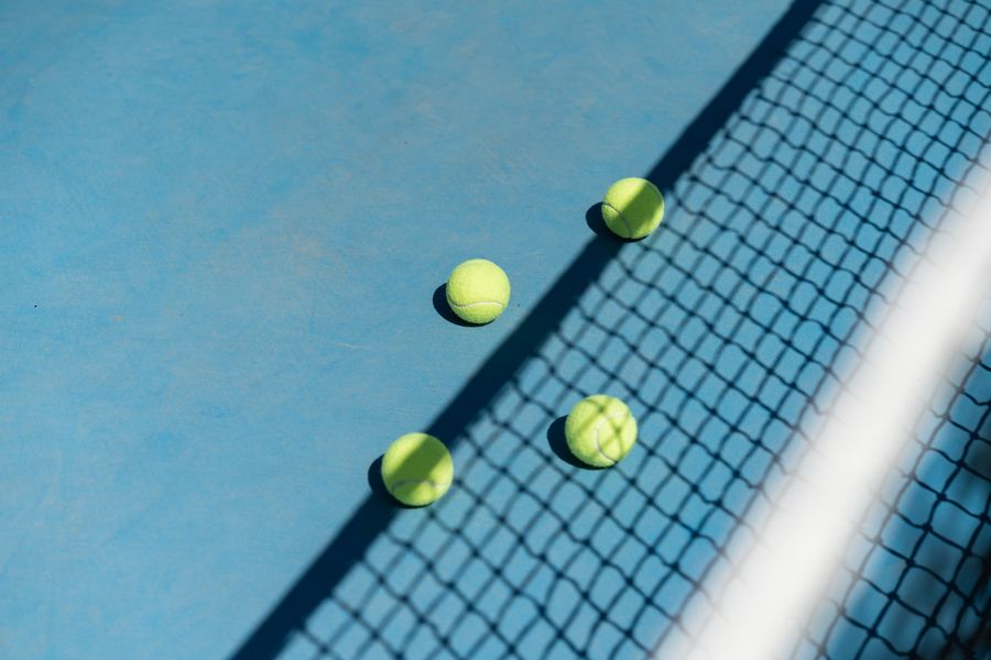 Shuttlecocks on a badminton court