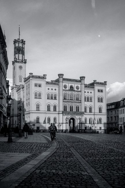 Black and white photo of Zittau's historic Town Hall, an iconic urban landmark.