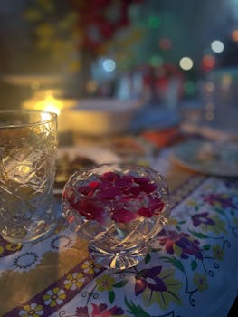 A warmly lit dinner table with rose petals in crystal dishes, Lahore, Pakistan.
