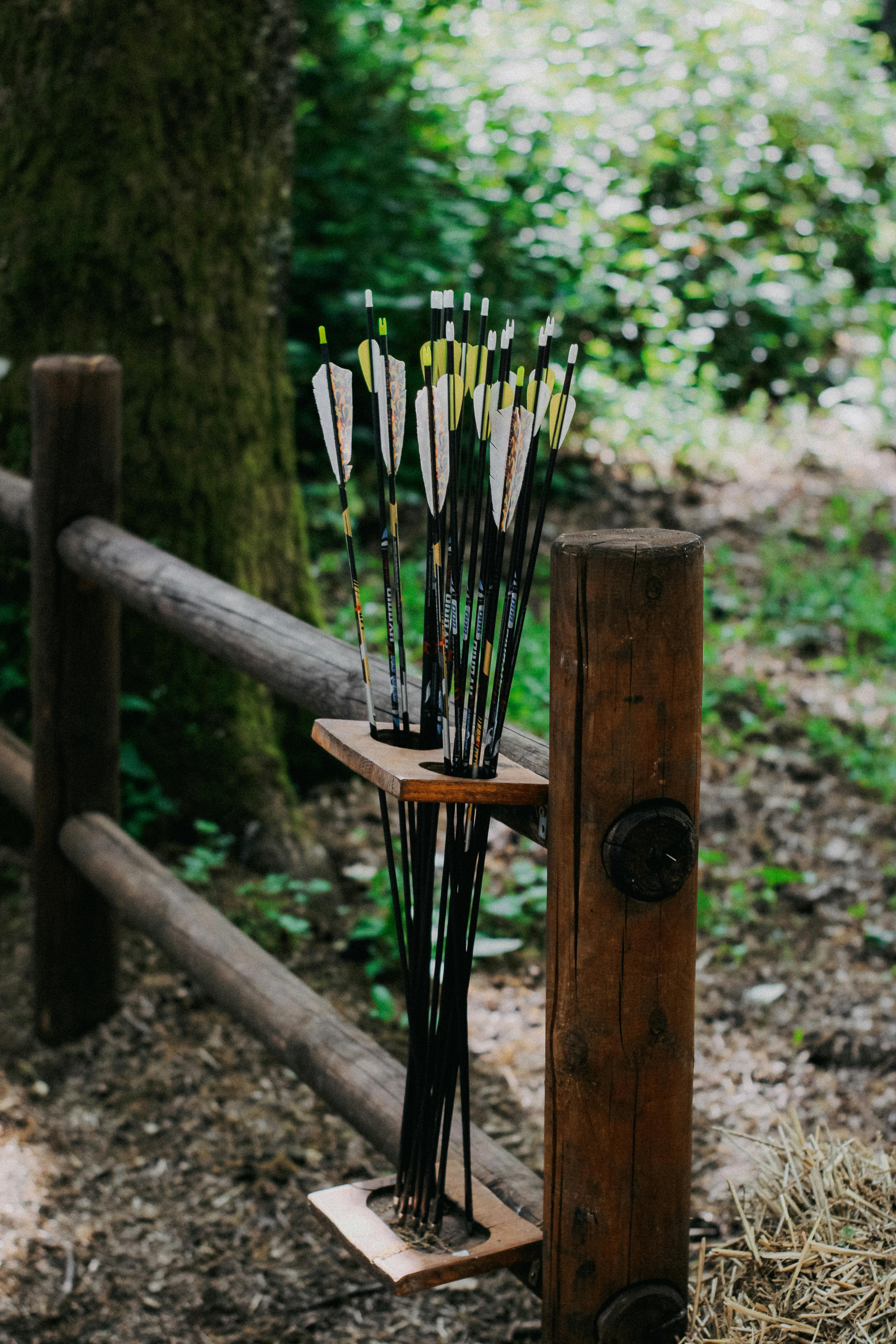 A bundle of archery arrows resting on a wooden fence in a forest.