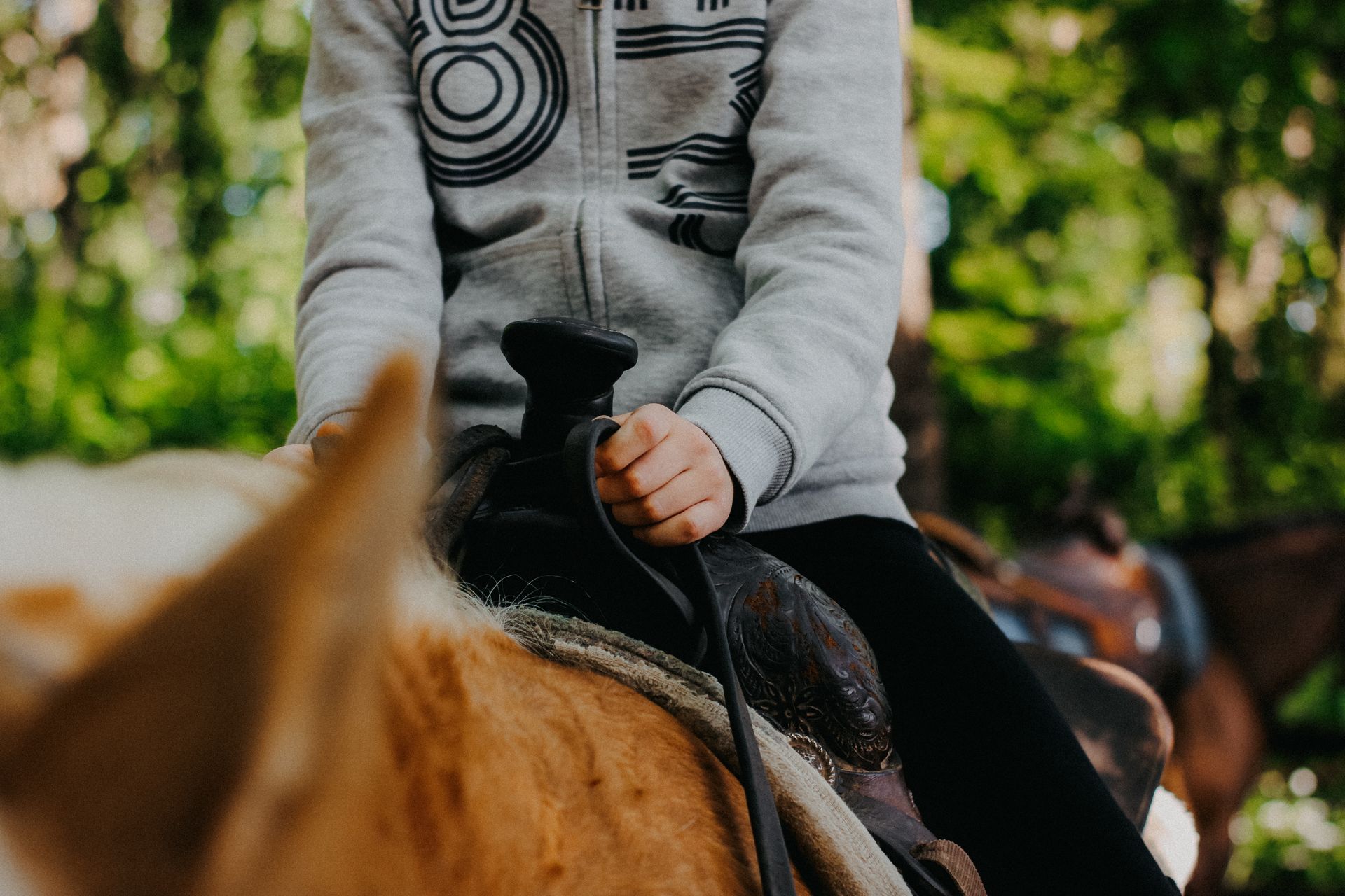 A person in a hoodie rides a horse outdoors, focusing on the saddle and reins.
