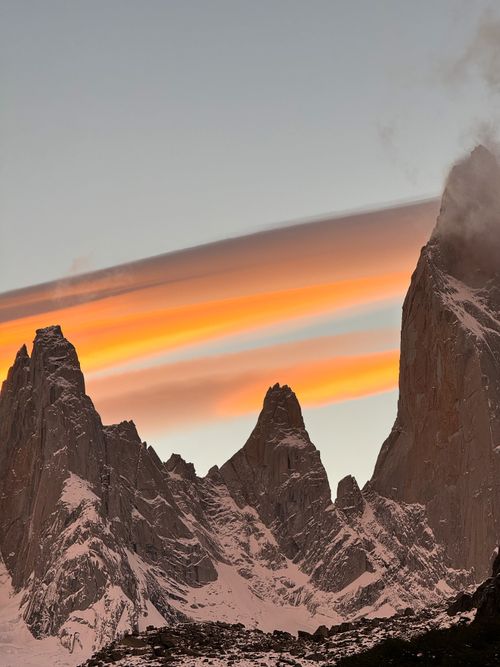 Free Captivating sunset view over snowcapped Torre mountains in Santa Cruz, Argentina, with vibrant sky. Stock Photo