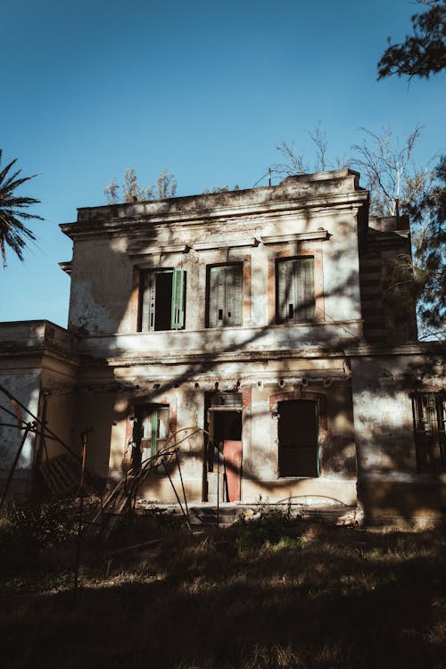 An old house with a palm tree in the background