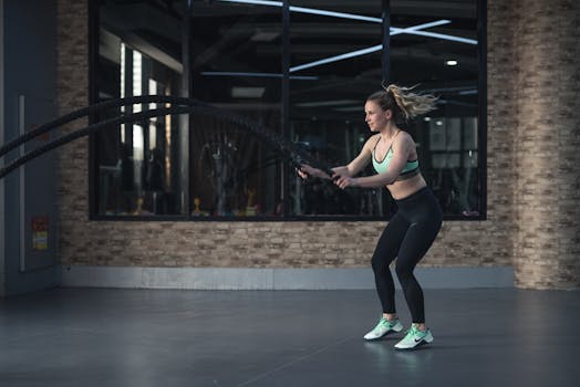 Focused woman performing CrossFit rope training indoors, demonstrating strength and endurance.
