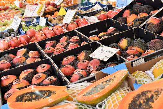 Colorful assortment of fresh fruits including papayas and pomegranates at an Elmshorn market stall.