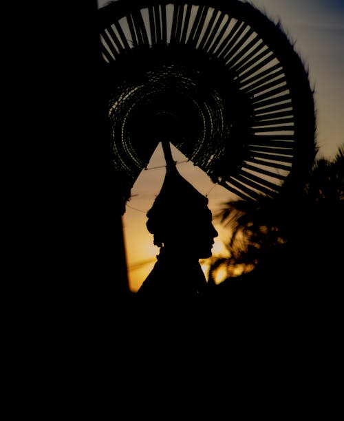 Silhouette of a woman with a fan at sunset