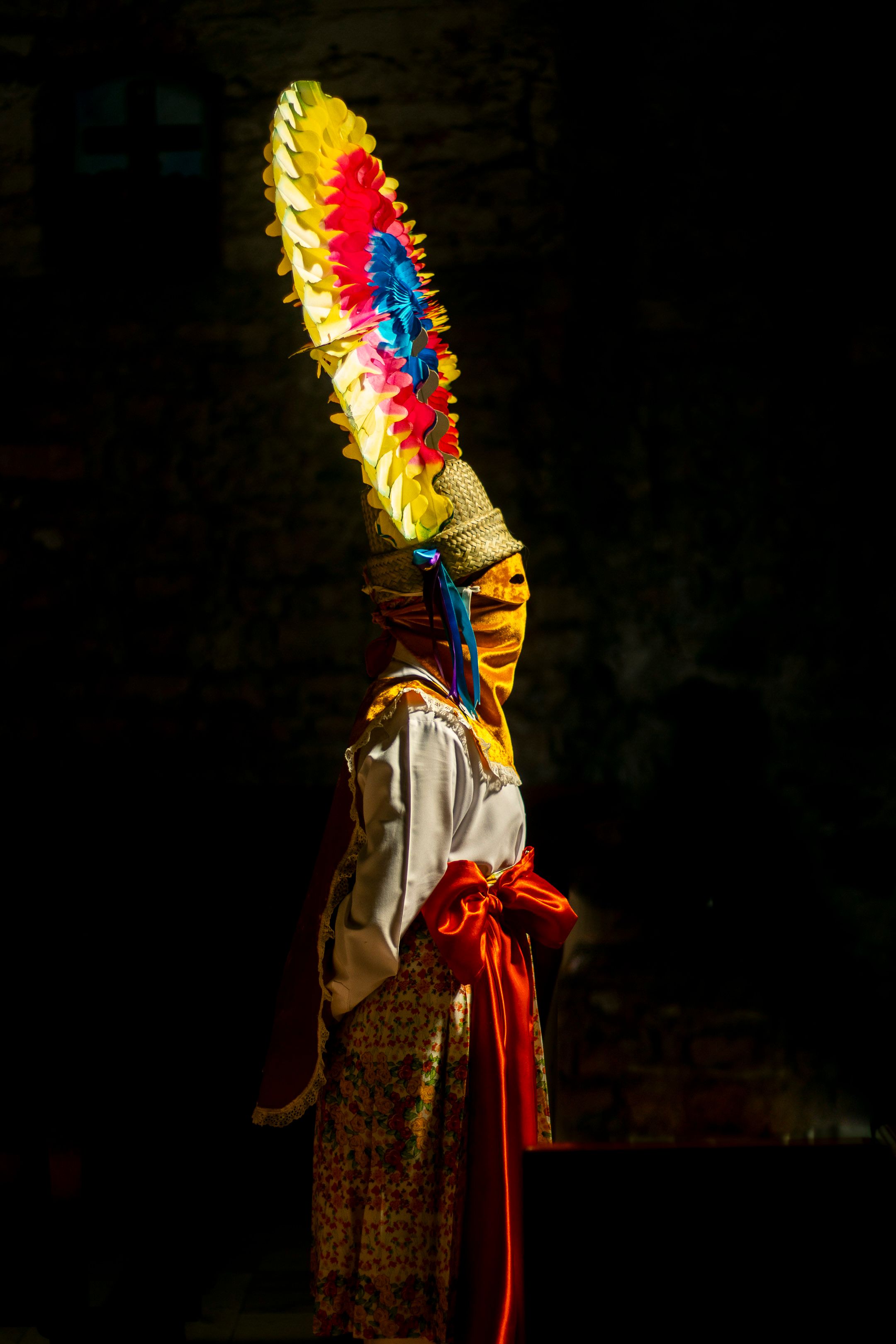 Vibrant traditional costume with an elaborate headdress in a dramatic side view.