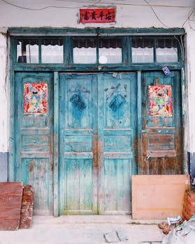 吉林的质朴木门上，装饰着传统文化横幅