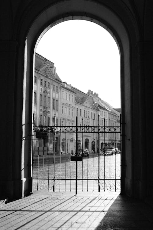 A black and white photo of an archway