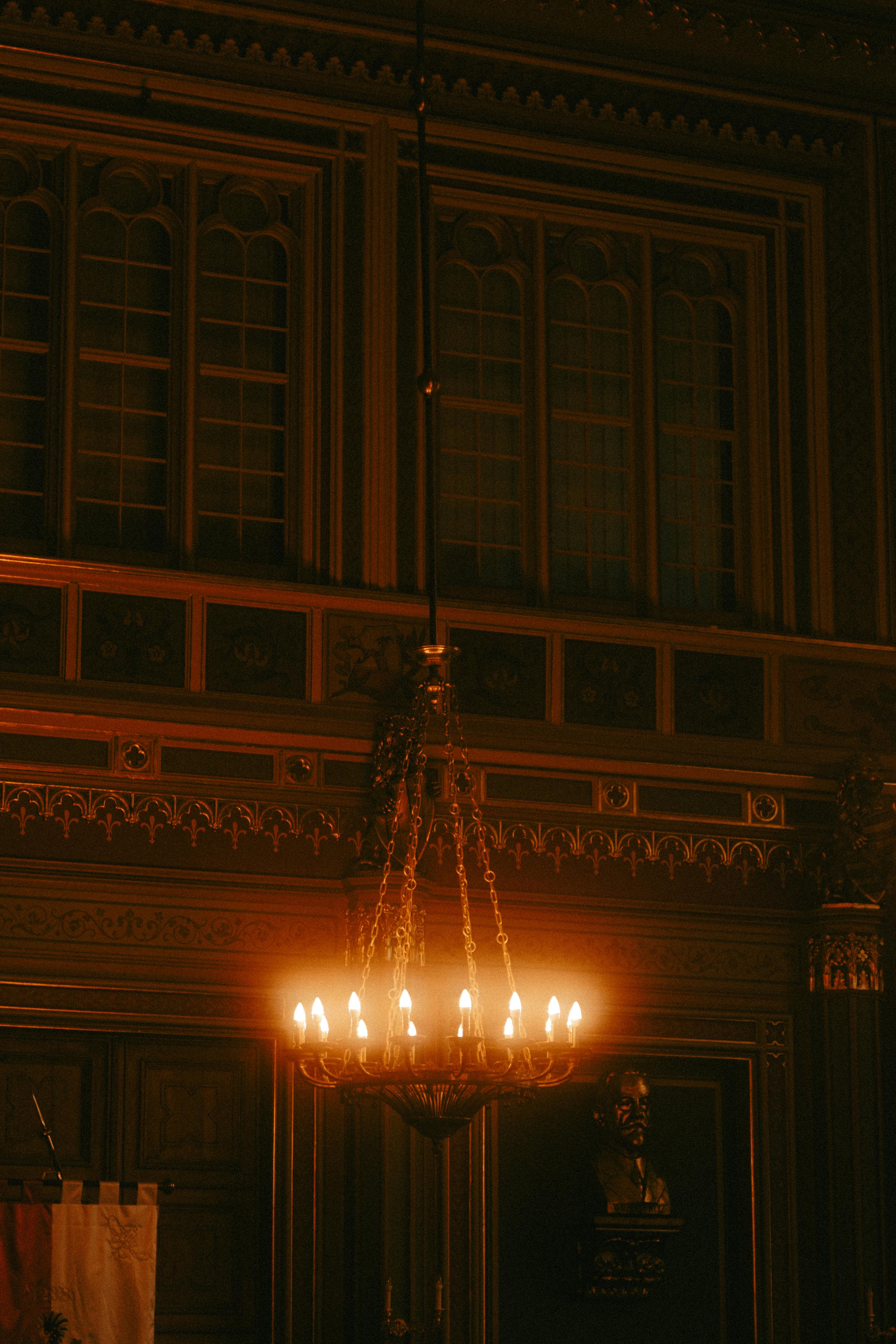 chandelier and bust in the hall