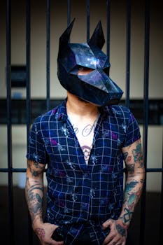 一名纹身男子戴着几何狗面具，随意地靠在金属栅栏上摆姿势