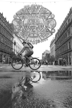 Black and white photo of a cyclist in Ciudad de México street with reflections and urban architecture.