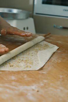 Hands rolling dough with flour on wooden surface, perfect for food and cooking themes.