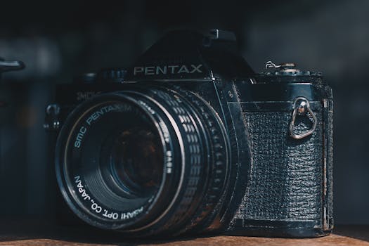 特写镜头展示了复古宾得相机的经典设计和错综复杂的细节