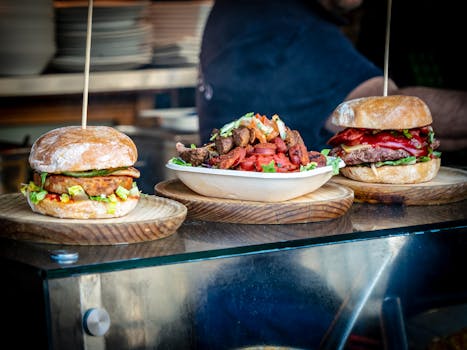 Mouth-watering burgers and salad served at Borough Market, London.