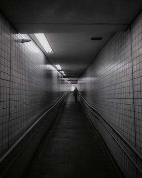 一个孤独的身影走过一条光线昏暗的地下瓷砖隧道