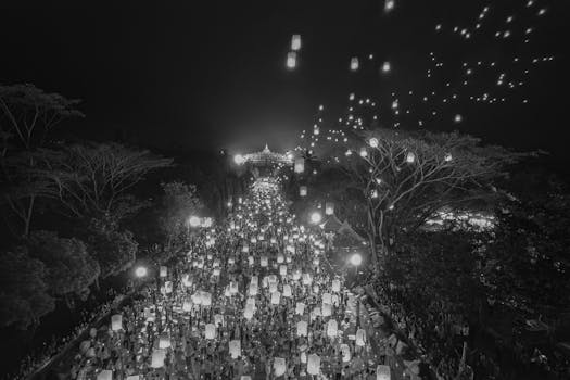 A breathtaking view of a lantern festival at night near Borobudur Temple, Indonesia.