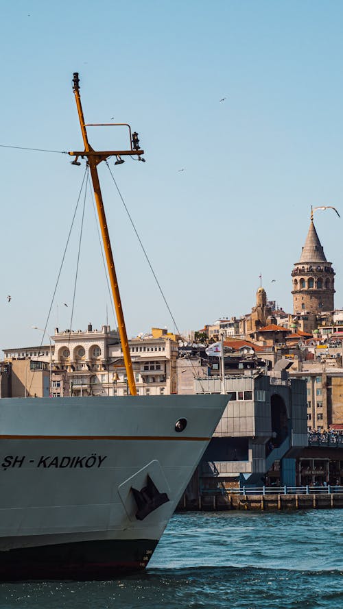 A boat is docked in front of a city