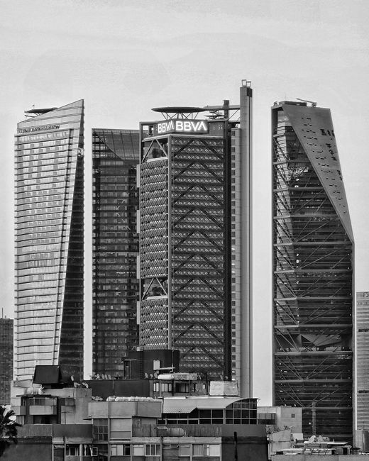 Stunning monochrome view of iconic skyscrapers in Mexico City's financial district.