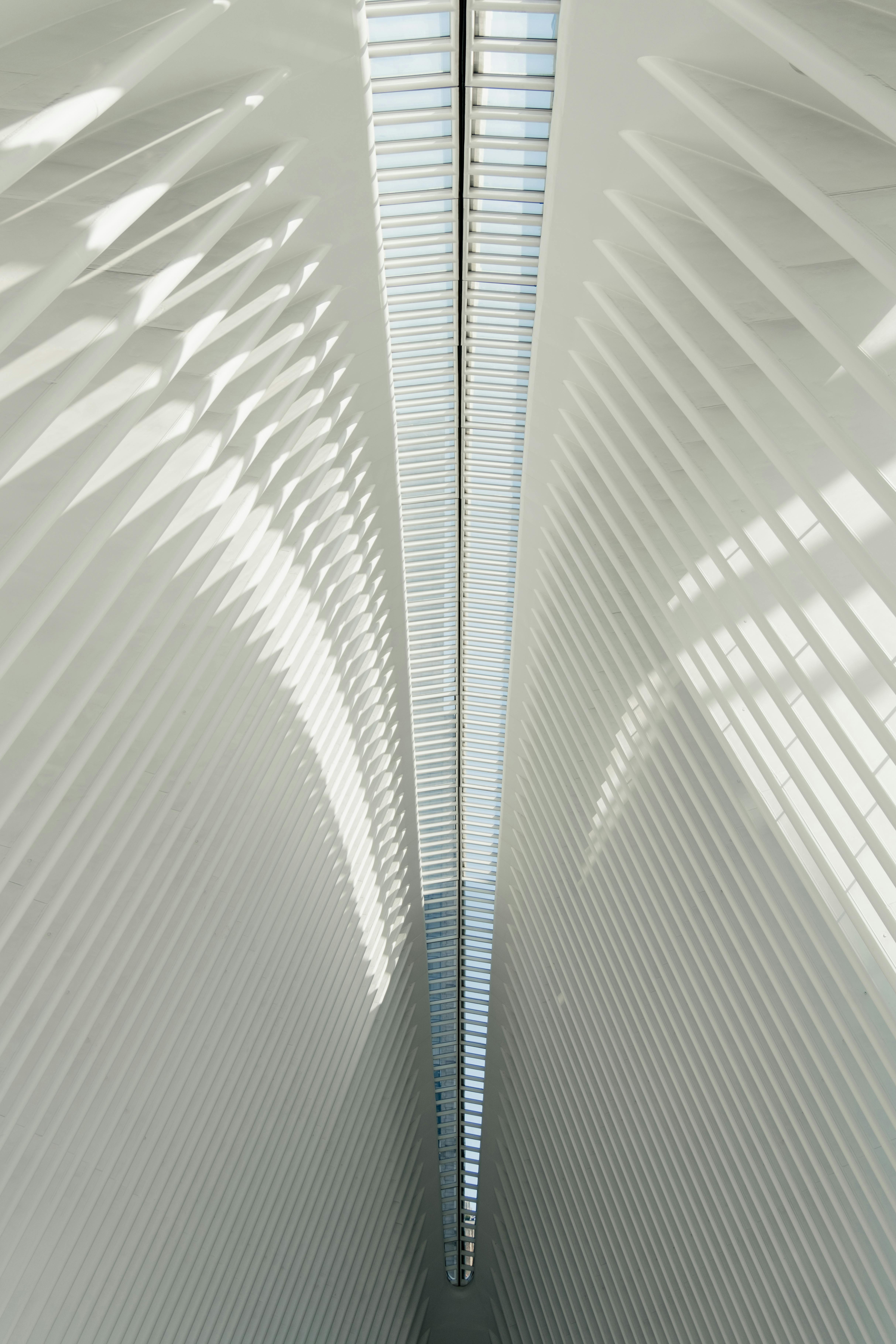 Futuristic interior of Oculus World Trade Center showcasing skylights and shadows.