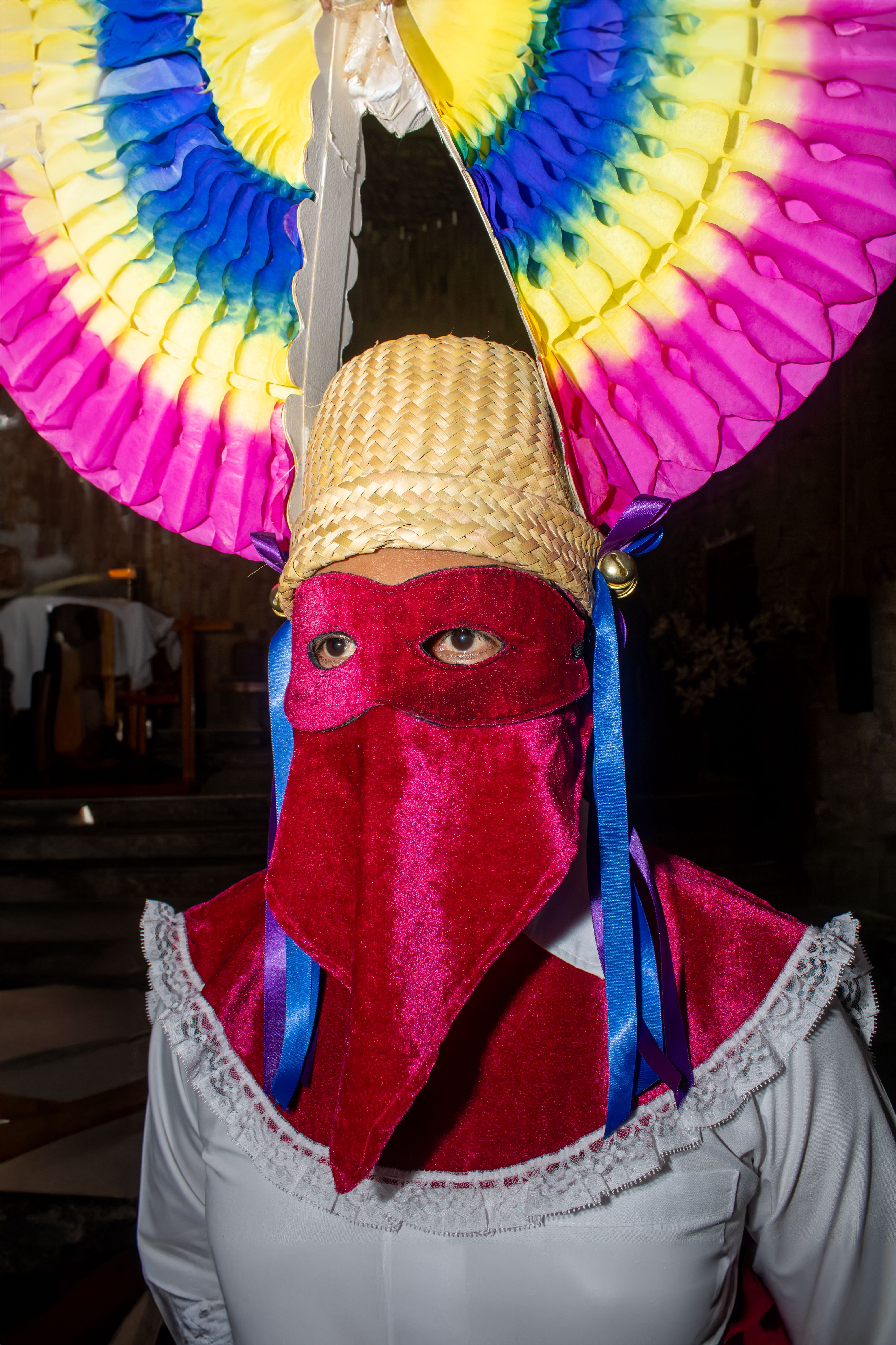 Vibrant portrait of a costumed participant in a traditional festival.
