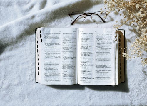 An open bible with glasses and a flower on a white surface