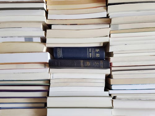 A stack of books with a blue book in the middle