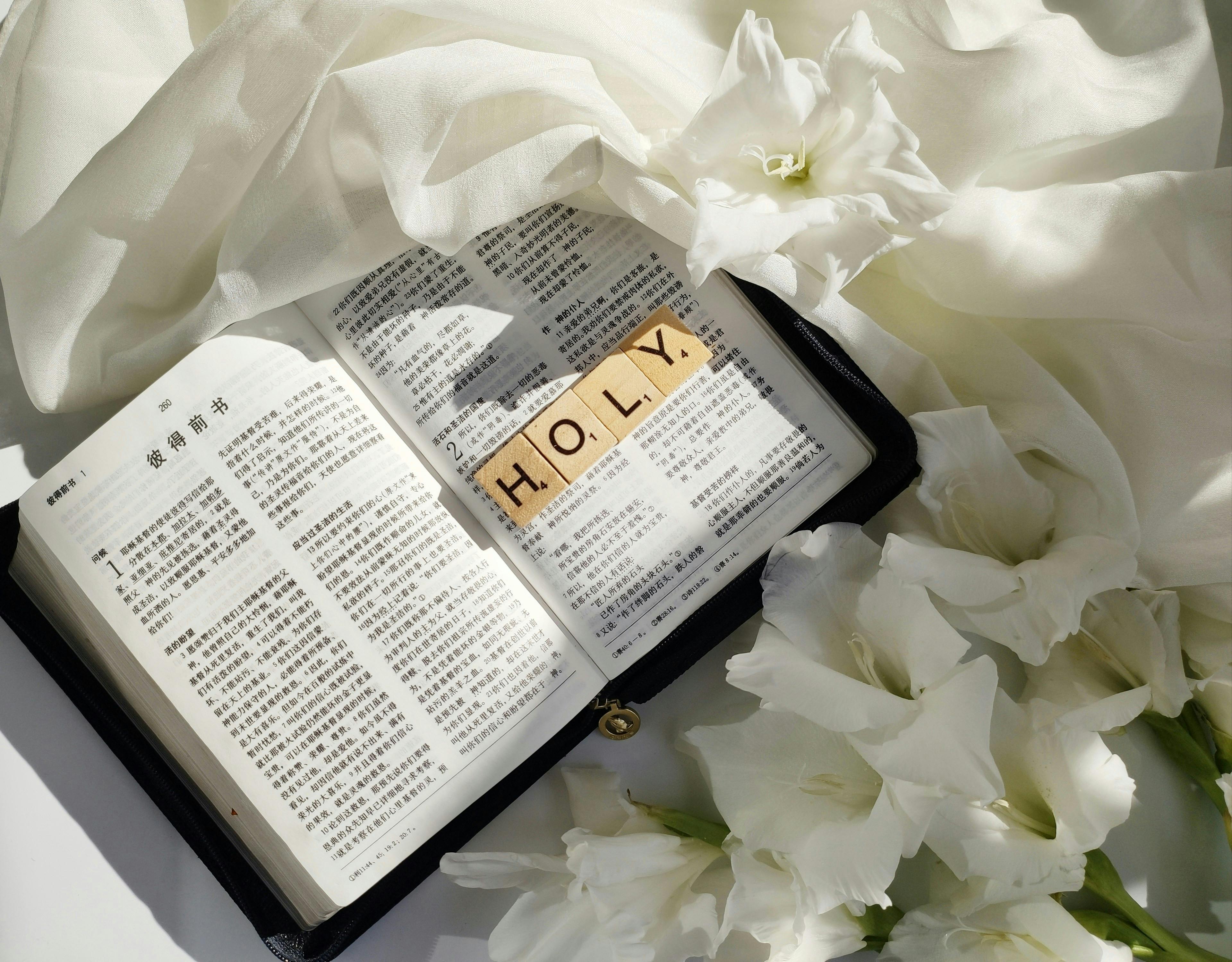 bible in chinese among flowers