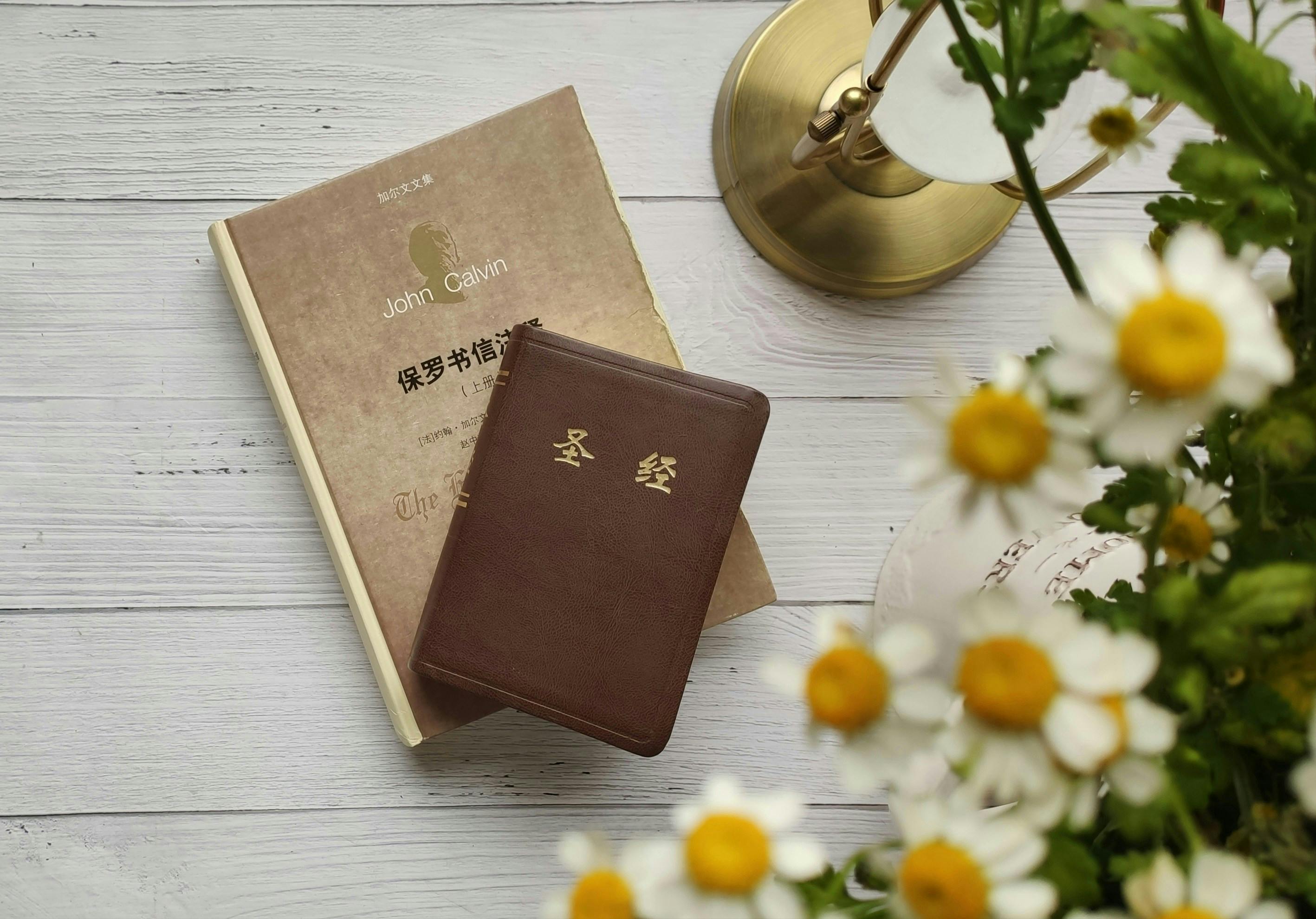 closed bible in chinese on table by electric lamp