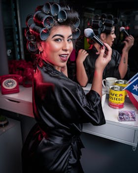Elegant woman in bathrobe applying makeup with curlers, smiling at mirror reflection.