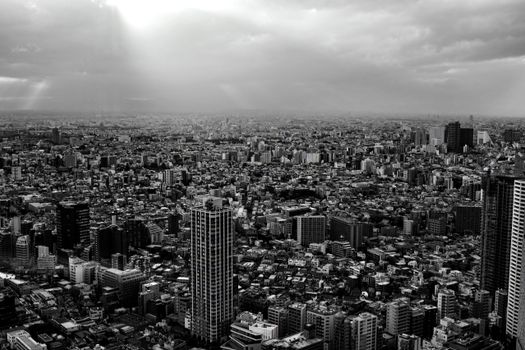 Black and white aerial view of Tokyo’s dense urban architecture