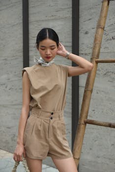 Elegant woman in trendy outfit poses near a bamboo ladder in an outdoor setting.