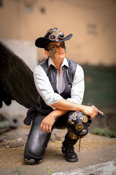 Portrait of a person in a unique steampunk costume with mechanical accents, showcasing creativity in Ciudad de México.